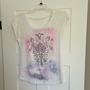 Shyanne Lace Sleeve Graphic Tee - Cream and Pink